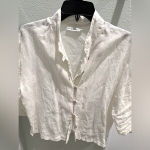 bryn Walker White Button-Down Band Collar 3/4 Sleeve Women's Shirt